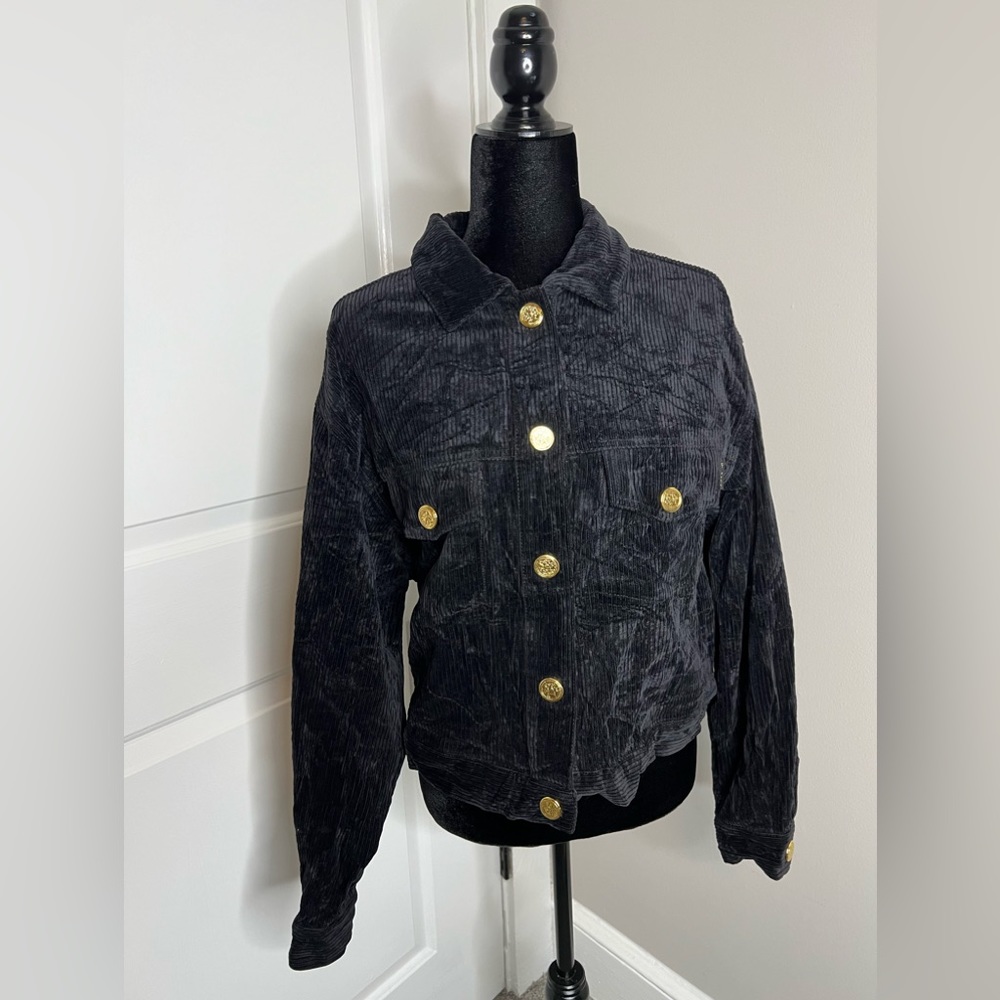 St. John Medium Black Corduroy Gold Tone Button Vintage Bomber Jacket